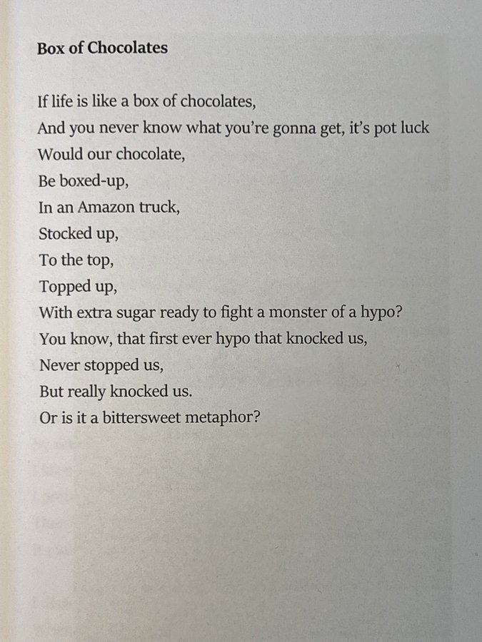 DiabetesUKCymru's tweet photo. Just finishing my takeover with "Box of Chocolates"
Lots more poems in my collection Bittersweet: The Highs, The Lows, Hypers and Hypos of Living with Type 1 Diabetes 💙
Great to talk about type 1 and mental health with others in our community
#DiabetesWeek
#MissingToMainstream https://t.co/qbrnip51J4
