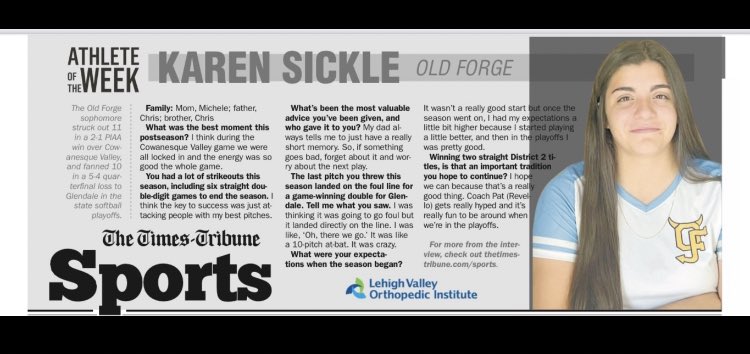 Congrats, Karen Sickle — Scranton Times-Tribune Athlete of the Week! Just 5 weeks after teammate Cat Liskosky was named AOTW, Karen joins her. In a pair of state tournament games, the sophomore pitcher struck out 21 and had an ERA of 2.69. #OldForgeSoftball #KnockYourSocksOff