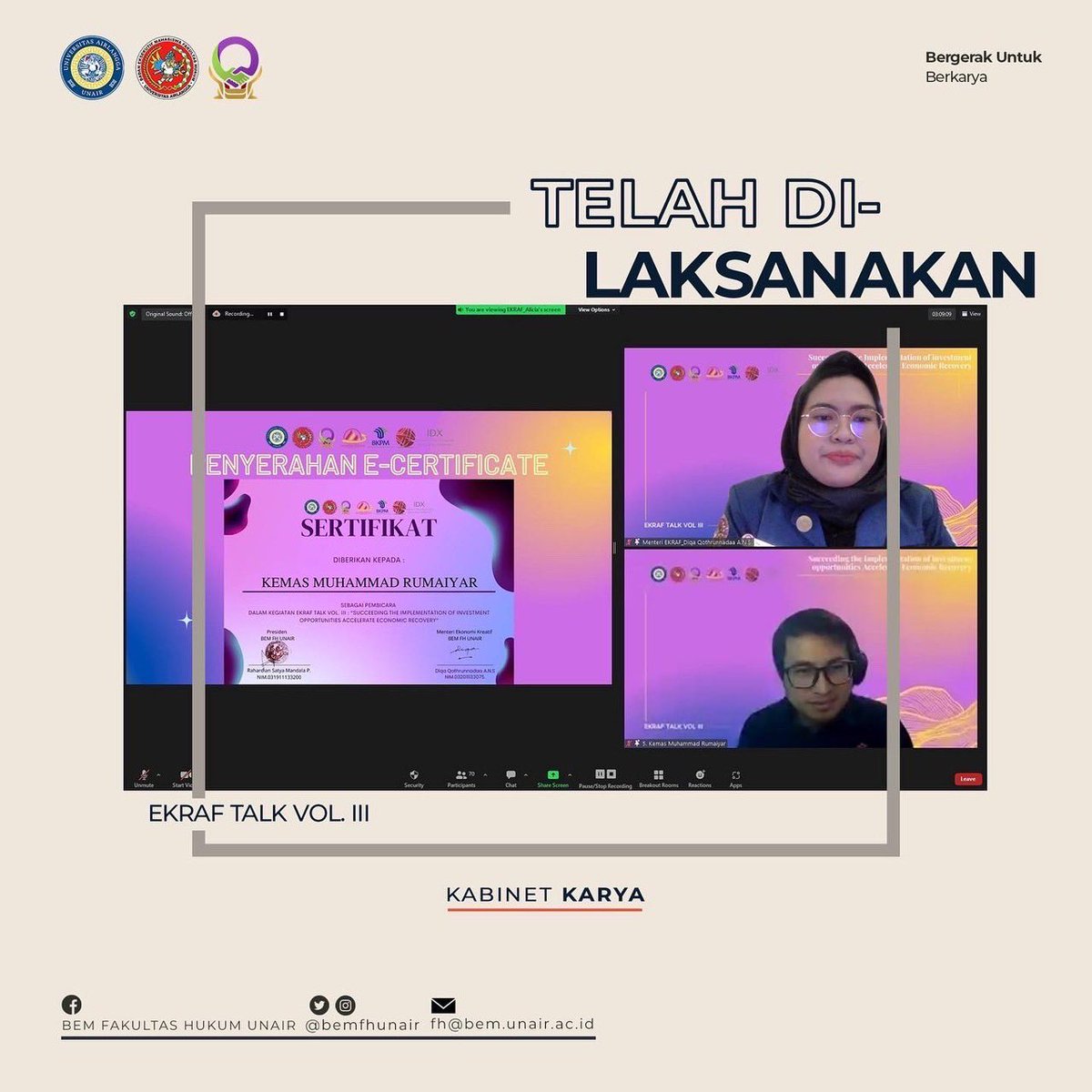 [Telah Berlangsung : Ekraf Talk Vol. III]

Ekraf Talk Vol. III with the theme "Succeeding the Implementation of investment opportunities Accelerate Economic Recovery" dengan dibuka oleh Dr. H. Sandiaga Salahudin Uni, BBA., MBA. 

.

KABINET KARYA !
BERGERAK untuk BERKARYA !