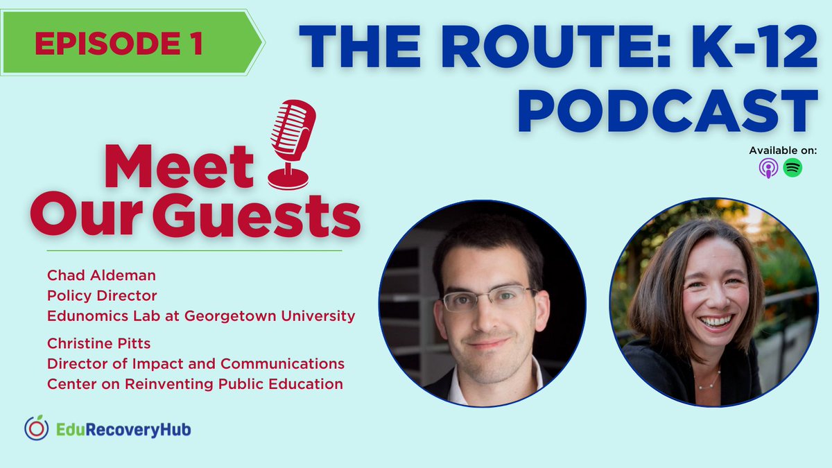 StudentSuccess's tweet photo. NEW: Episode 1 of the Route K-12 podcast is here! Tune in as host Jim Cowen talks with @CRPE_edu Director of Impact @cmtpitts and @EdunomicsLab Policy Director @ChadAldeman about highlights and concerns surrounding K-12 recovery efforts. #EduRecoveryHub https://t.co/PGaoiGVYL5 https://t.co/x8XO29PnzG