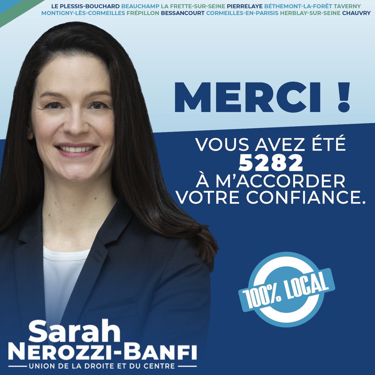 🙏 Vous avez été 5282 à m’accorder votre confiance et je vous en remercie ! 

Merci à l’incroyable équipe qui m’a entourée et à vous tous qui avez cru en cette candidature 100% local, républicaine et centrée sur notre territoire. 

L’aventure ne fait que commercer, pour vous ! 🚀