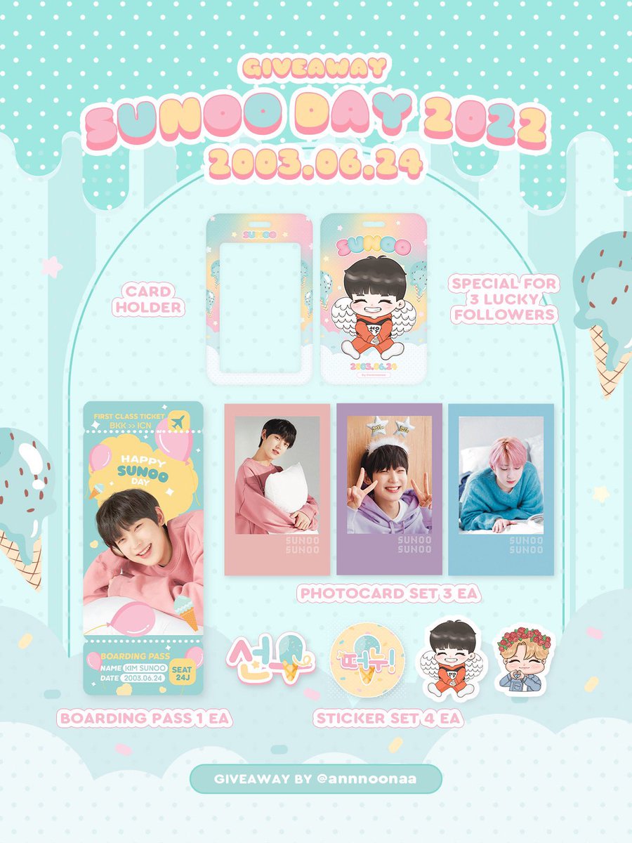 annnoonaa's tweet photo. ꒰ 📢 Pls RT ꒱

⟢🦊 𝐒𝐔𝐍𝐎𝐎𝐬 𝐃𝐀𝐘 𝐆𝐈𝐕𝐄𝐀𝐖𝐀𝐘 ⟢ 

30 Sets
𓏔 Boarding Pass ¹
𓏔 Photocard ³
𓏔 Sticker ⁴
𓏔 Card Holder ³ ᴸᵁᶜᴷʸ ᶠᴼᴸᴸᴼᵂᴱᴿˢ

📦 Shipping 30฿

⏰ เปิดฟอร์ม 20.06 [⌚️20.06 ]
https://t.co/2PEDozDJVF
— แลกทาง DM น๊า
#HAPPYSUNOODAY #ANNGiveaway https://t.co/7GHGmJjQnd