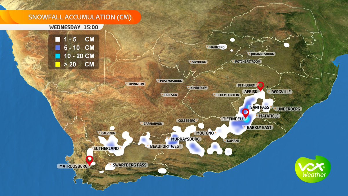VoxWeatherZa's tweet photo. ❄️❄️UPDATED Snow Forecast  ❄️❄️ 

Snowfall expected to start falling early Tuesday (14 June) over the mountains of the Western Cape, Karoo and spreading to the north-eastern high ground of the EC

Significant snow expected to fall over Lesotho &amp; the Drakensberg into Wednesday https://t.co/zlDJ3T0McD