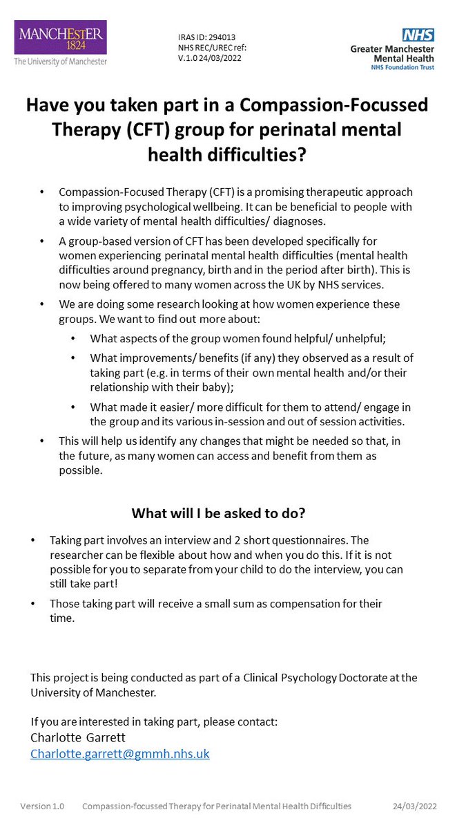 CGarrettPsyc's tweet photo. Have you taken part in a Compassion-Focused Therapy (CFT) group for mental health problems during pregnancy or postpartum? Would you be willing to share your experience? To find out more please contact me at Charlotte.Garrett@postgrad.manchester.ac.uk Please retweet/ share! https://t.co/ZW4FYMkgp7