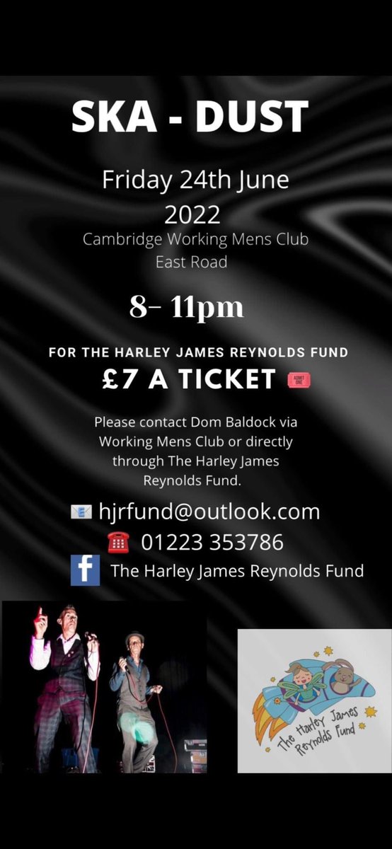 We are so excited to have the fantastic duo of Ska-dust doing an event for us! 
we’ve secured a date and venue! 
The tickets are on Sale NOW!
Please contact The Harley James Reynolds Fund to grab your tickets.
Message us directly or <a href="/Domb1512/">Dom</a>  🎗👼🏻