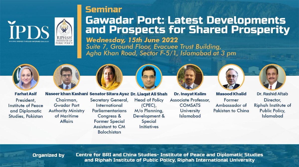 AsifNoor_IPD's tweet photo. Centre for BRI and China Studies @IpdsPakistan @RiphahIntUni hosting Seminar #GwadarPort Latest Developments &amp; Prospects for Shared Prosperity @MFA_China @ForeignOfficePk @port_gwadar @gwadarCPECAuthority @BaozhongGwadar @libijian2 @Nkashani2 @Gwadar_Pro @GlobalDiscover4 @CPEC15 https://t.co/3lSdVqeANe