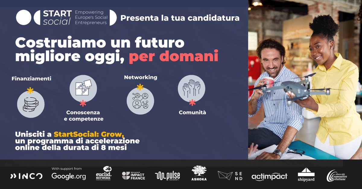 confcoopgiovani's tweet photo. 📢 sono già tante le imprese italiane che si sono registrate, ma c'è una NUOVA DEADLINE per partecipare!
👍🏼 Bando StartSocial Grow Track di INCO dedicato alle imprese 
🗓 Scadenza 22 giugno
👉🏼 Per le imprese selezionate un grant fino a 100 mila euro

https://t.co/6zkpATSMGN https://t.co/b40JuJOdwW