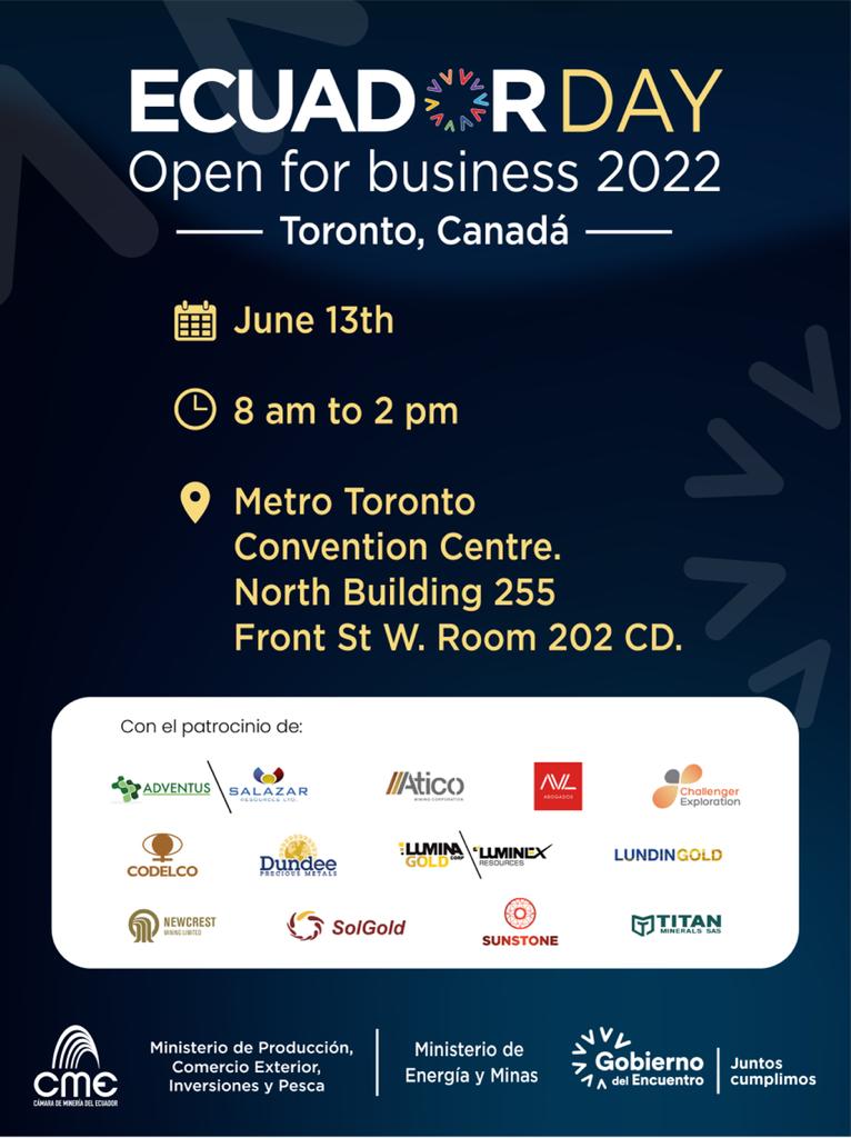 AVL 🟥| AHORA 🇪🇨| Inicia el #Ecuador Open for Business, dentro de la gran convención minera mundial #PDAC2022. Nuestros socios <a href="/xandradec/">Xavier Andrade</a> y <a href="/rborjacalisto/">Rodrigo Borja C</a> están en Toronto y expondrán sobre las ventajas de invertir en minería en el país.