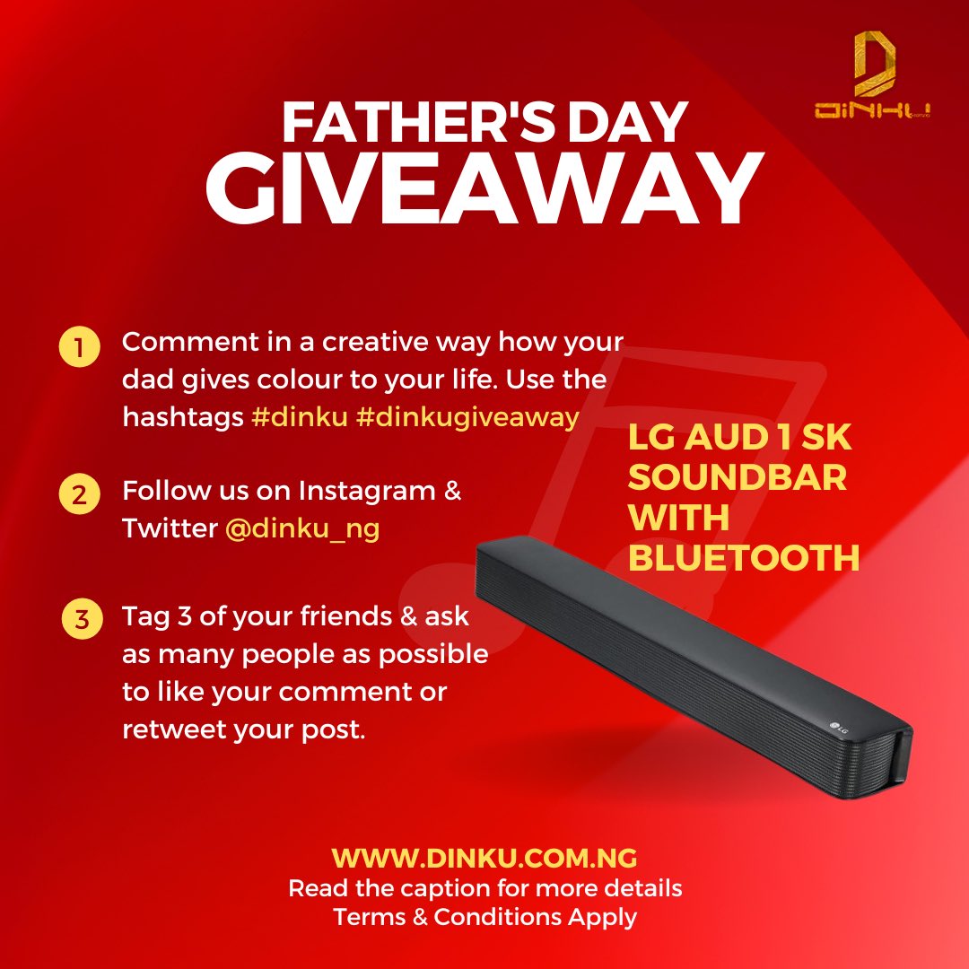 Dinku_ng's tweet photo. 🚨🚨Dinku Father’s Day Giveaway!!!

Want to appreciate your dad this Father's Day? Why not enter the #dinkugiveaway and stand a chance to win an LG Soundbar

A Thread 1/4 👇🏽 https://t.co/eBMZISwJhZ