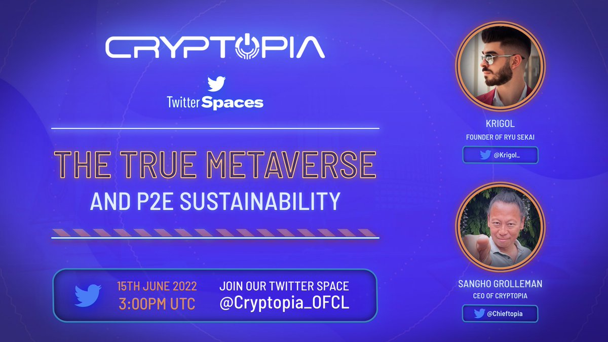 Join our Twitter Space on Wednesday, June 15th at 3PM UTC with <a href="/Krigol_/">Krigol</a>, founder of Ryu Sekai and Cryptopia's CEO <a href="/Chieftopia/">Sangho | Cryptopia</a>. They'll be talking about the #Metaverse and sustainable #P2E gaming!
x.com/i/spaces/1eaKb…

Ryu Sekai:
discord.gg/ryusekai
ryu-sekai.com