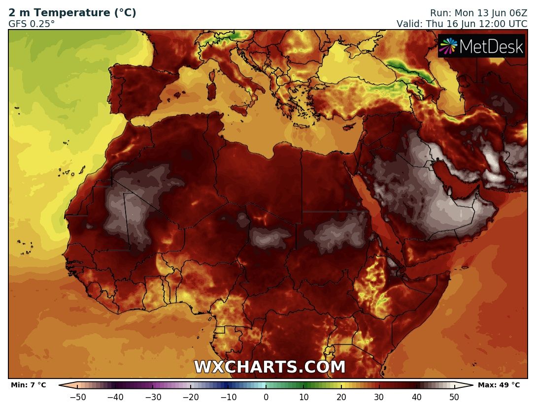 alexmegapc's tweet photo. Quina barbaritat!!, la península formarà part d'Àfrica quasi tota la setmana, la fuetada infernal acompanyada del #bomboinfierno, estem davant una autèntica i prolongada onada de calor, divendres tocarem sostre, però #localoret dels webs no baixarà fins al 19. #meteo https://t.co/Rskl8usW9k