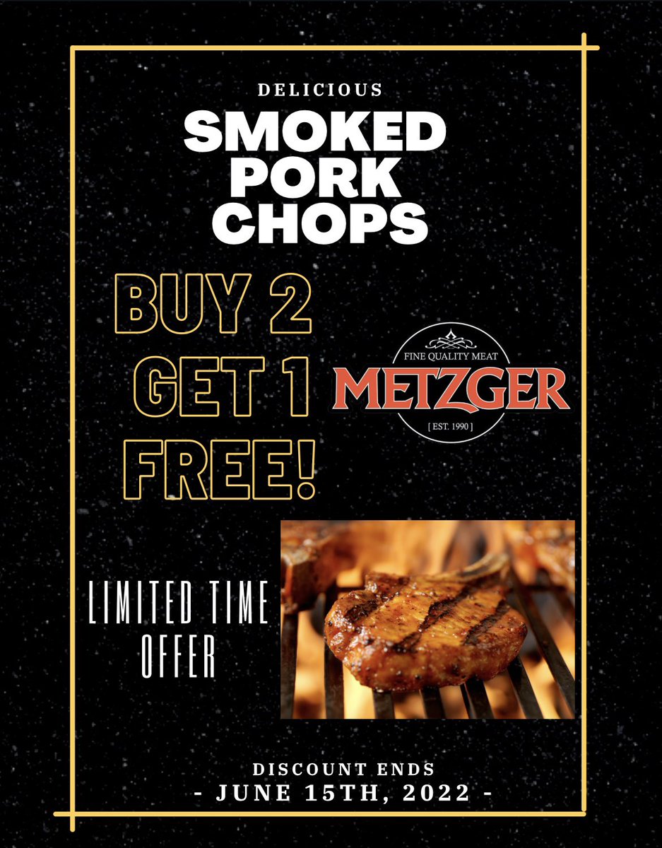 Start your week off with some savings! 
2 days only! Now until Wednesday, June 15th. 🚨

Metzger Smoked Pork Chops. (Sold in packs of three)