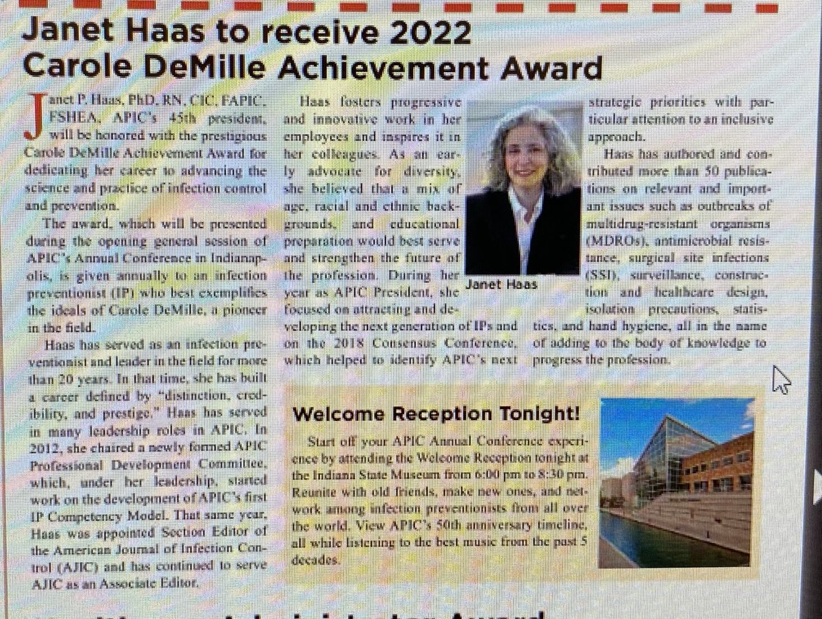 Congratulations to Dr. Haas @apic Carole DeMille award #apic2022  ⁦<a href="/angievassallo/">Angela Vassallo</a>⁩ ⁦<a href="/TaniaBubb/">Tania N Bubb</a>⁩ ⁦<a href="/JanetHaasIP/">Janet Haas</a>⁩ ⁦<a href="/APIC/">APIC</a>GLAC⁩ ⁦<a href="/ApicDfw/">APIC DFW</a>⁩ ⁦<a href="/ApicDfw/">APIC DFW</a>⁩