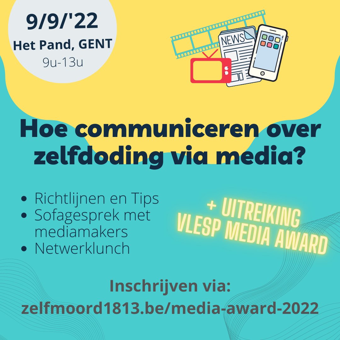 Op 9 september organiseren we een inspiratiesessie voor mediamakers én reiken we de VLESP Media Award uit. Meer info en inschrijven: zelfmoord1813.be/media-award-20…