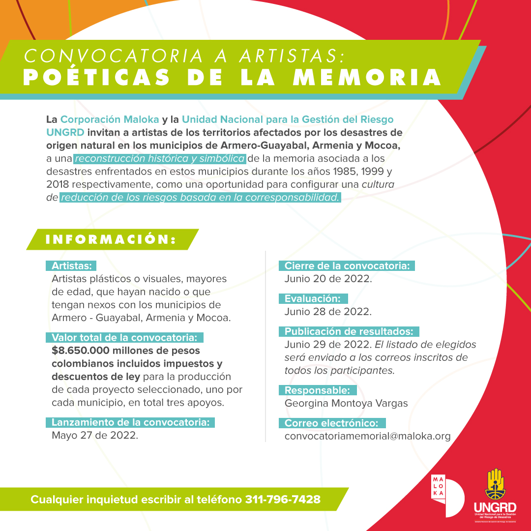 🟣 | ¿Eres artista en Armero-Guayabal, Armenia o Mocoa? 

La <a href="/UNGRD/">UNGRD🇨🇴</a>, en alianza con <a href="/MalokaBogota/">Maloka Bogotá</a> quieren que participes de #PoéticasDeLaMemoria, un homenaje para territorios afectados por desastres de origen natural.

[MÁS INFO] ➡ maloka.org/noticias/convo…