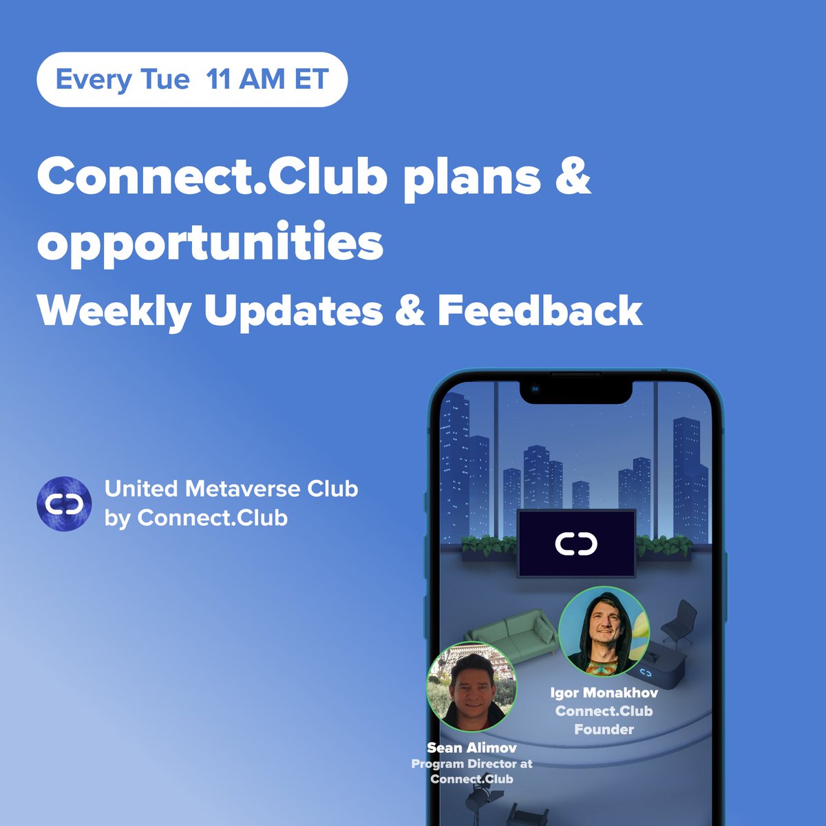 🚀June 14 at 11 am ET!!

Join and find out Connect.Club plans and opportunities, how to get started and benefit from its growth journey. Share your ideas and feedback.
‼️Room link: bit.ly/3mJamoO
<a href="/everyone/">Everyone</a>