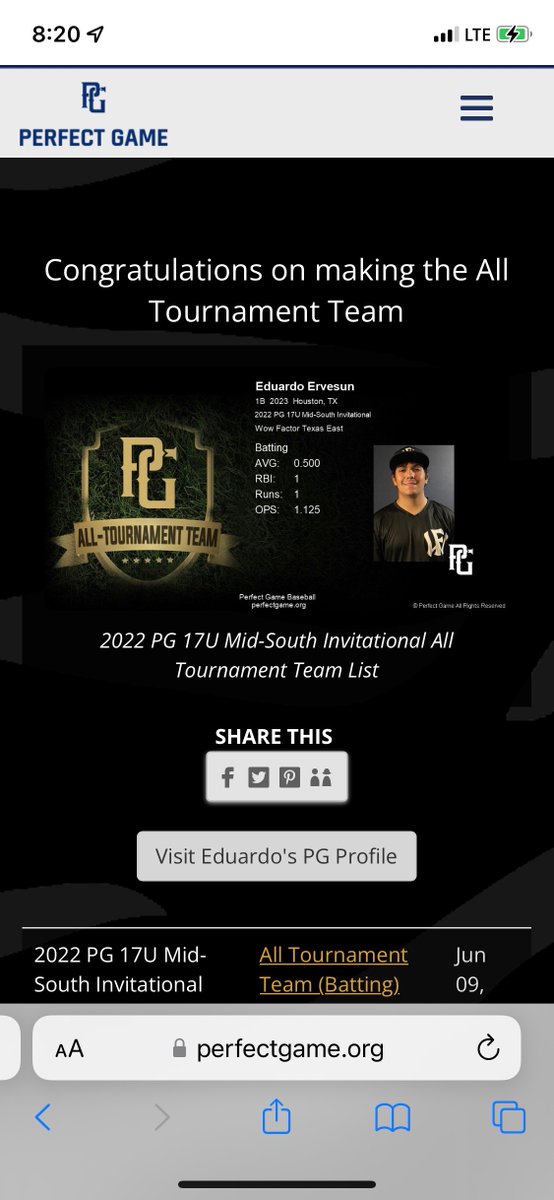 eduardo_ervesun's tweet photo. Had a great time playing in the @PerfectGameMidsouth #MidSouthInv  with my team @WFNationTexas.  Honored to have been selected to the All tournament Team.  Looking forward to the rest of the summer and my senior year @CLHS_Baseball. https://t.co/g7fVAiLGHs
