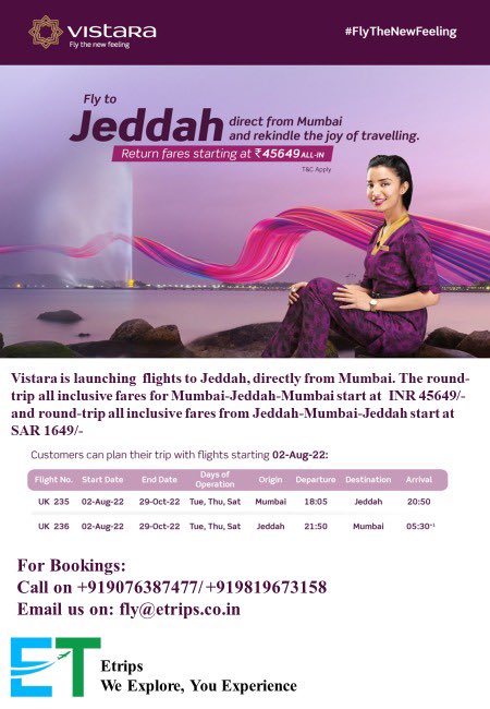 tushargm's tweet photo. Vistara is launching flights to Jeddah, directly from Mumbai. The round-trip all inclusive fares for Mumbai-Jeddah-Mumbai start at INR 45649/- and round-trip all inclusive fares from Jeddah-Mumbai-Jeddah start at SAR 1649/-
#FlyTheNewFeeling #flyvistara #toursandtravels #etrips https://t.co/AVWm6VGLwu
