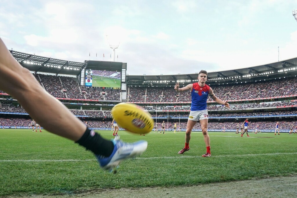 during the #AFL Round 13 match between the Collingwood Magpies and the Melbourne Demons at the Melbourne Cricket Ground in Melbourne, Monday, June 13, 2022. (AAP Image/Scott Barbour)

 #AFLPiesDees instagr.am/p/Cevvdh3hVS3/