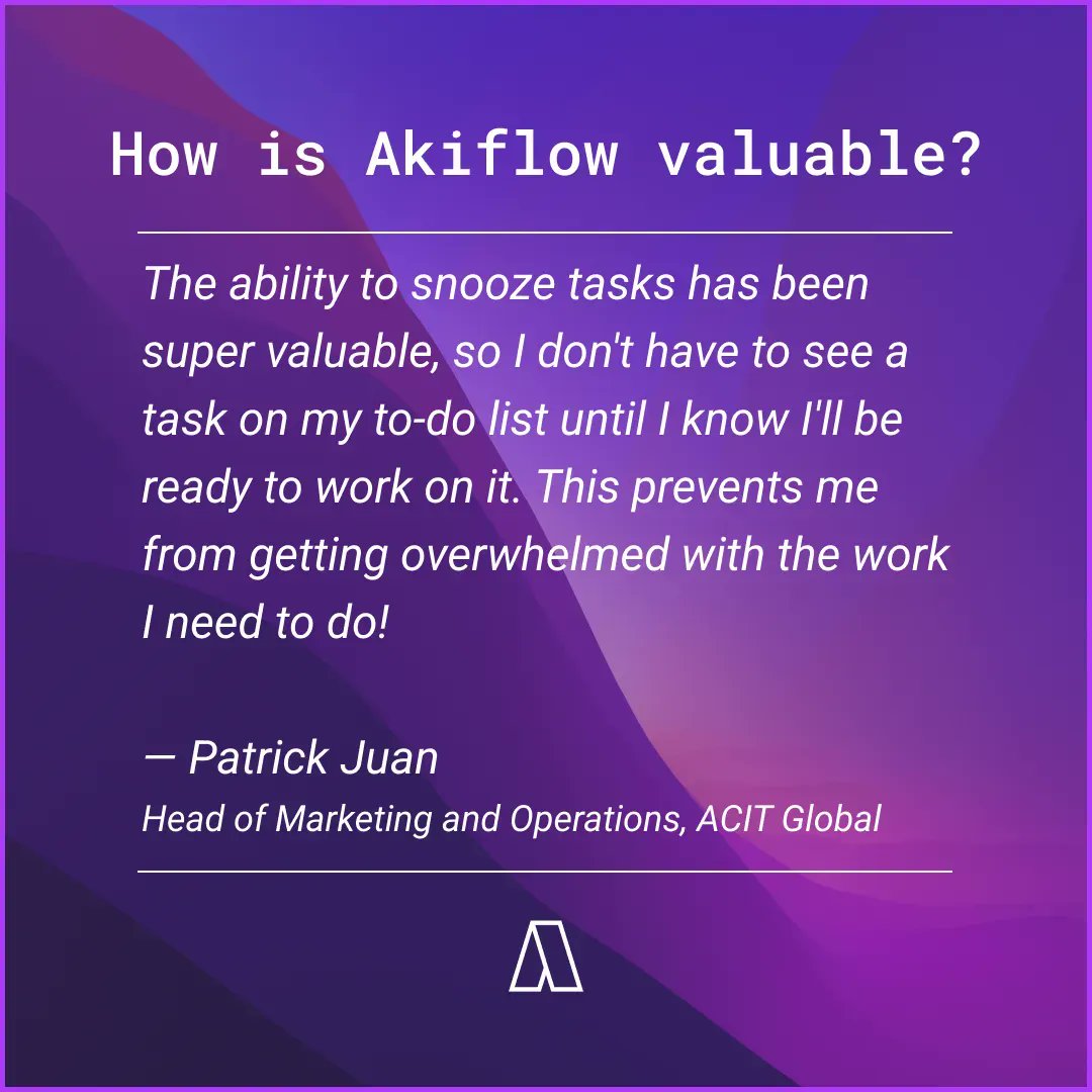 getAkiflow's tweet photo. Talking to Patrick, we discovered that Akiflow helps him avoid the overwhelming feeling of an endless task list to finish.
How does Akiflow help you?
#akiflowfeedback #productivitytool #taskmanagementapp https://t.co/Vws9nT39X9
