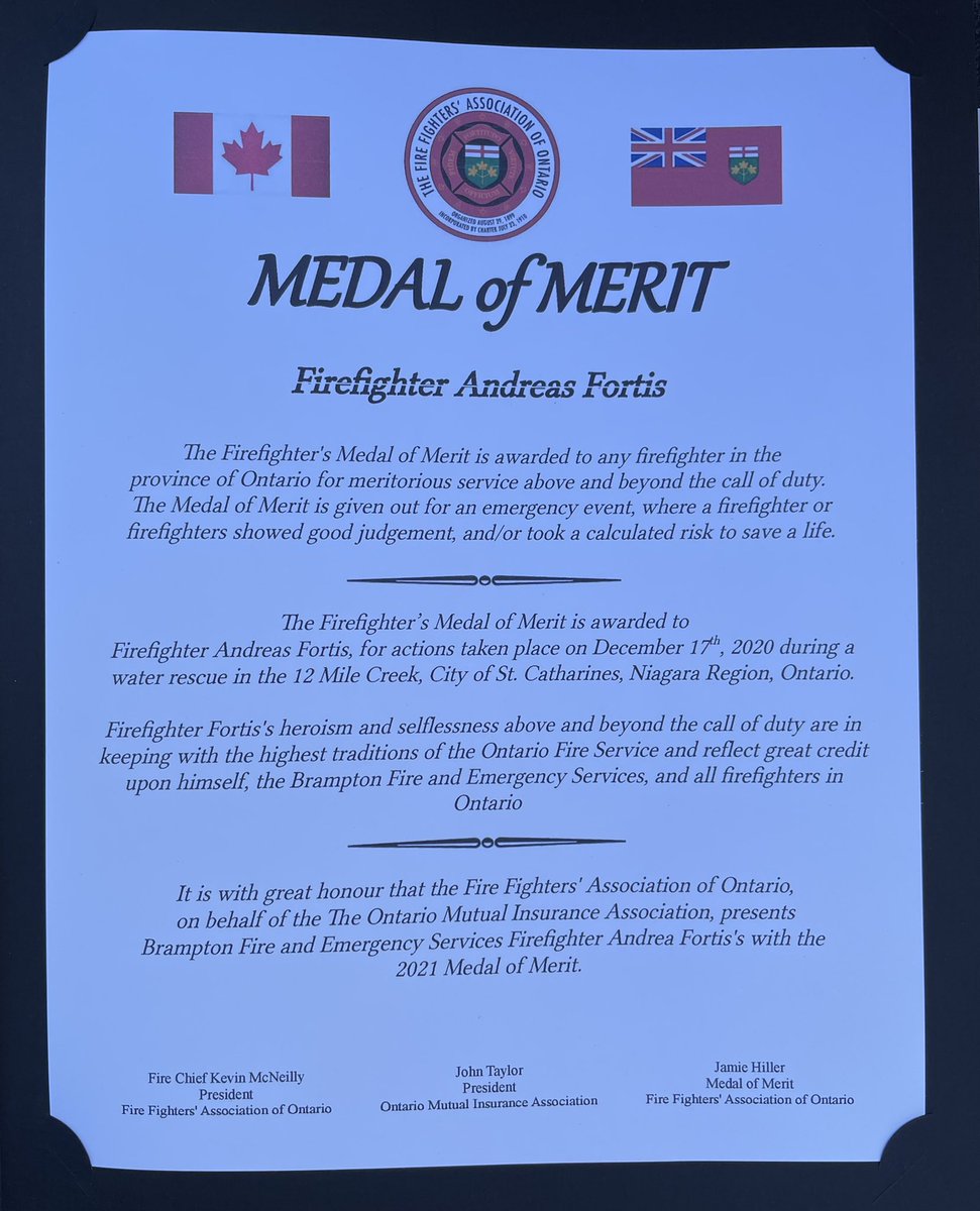 BramptonFireES's tweet photo. As a result of an off-duty water rescue performed by Firefighter Andreas Fortis in December of 2020, today he was presented the Firefighter's Medal of Merit by Jamie Hillier on behalf of the @FFAO1. Congratulations Firefighter Fortis! @ChiefBoyes @BPFFA1068 https://t.co/jiKT7WMZGD