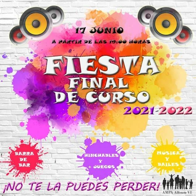 ampaalfonsovi's tweet photo. ¡Y llegó el momento de nuestra FIESTA FIN DE CURSO!

Porque nos merecemos celebrar muchas cosas, reunirnos con los amigos, conocer nuevas familias...

El AMPA ALFONSO VI ha organizado una gran fiesta final y os anima a venir:

Viernes 17 de junio a parti… https://t.co/ALncOFr4Mf https://t.co/EWm5kxGvO1