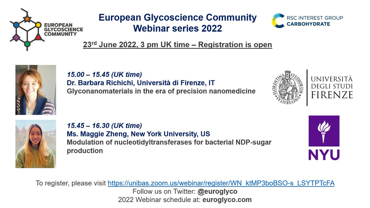 European Glycoscience Community (@euroglyco) on Twitter photo Join the EGC for the last webinar before the summer break on June 23rd (3pm GMT)! It's #glycotime with <a href="/BarbaraRichichi/">Barbara Richichi</a> & Maggie Zheng (<a href="/LupoliLab/">Lupoli Lab</a>)✨
Registration at: unibas.zoom.us/webinar/regist…
<a href="/Glyco_Alps/">Glyco@Alps</a> <a href="/glycoworld/">Alexei Demchenko, PhD (he/him)</a> <a href="/glyconet_nce/">GlycoNet</a> <a href="/glyco_pm/">GlycoPM</a> <a href="/GFRGlyco/">GFRGlyco</a> <a href="/GlycoNmr_Bilbao/">GlycoNMR@Bilbao</a> Join the EGC for the last webinar before the summer break on June 23rd (3pm GMT)! It's #glycotime with <a href="/BarbaraRichichi/">Barbara Richichi</a> & Maggie Zheng (<a href="/LupoliLab/">Lupoli Lab</a>)✨
Registration at: unibas.zoom.us/webinar/regist…
<a href="/Glyco_Alps/">Glyco@Alps</a> <a href="/glycoworld/">Alexei Demchenko, PhD (he/him)</a> <a href="/glyconet_nce/">GlycoNet</a> <a href="/glyco_pm/">GlycoPM</a> <a href="/GFRGlyco/">GFRGlyco</a> <a href="/GlycoNmr_Bilbao/">GlycoNMR@Bilbao</a>