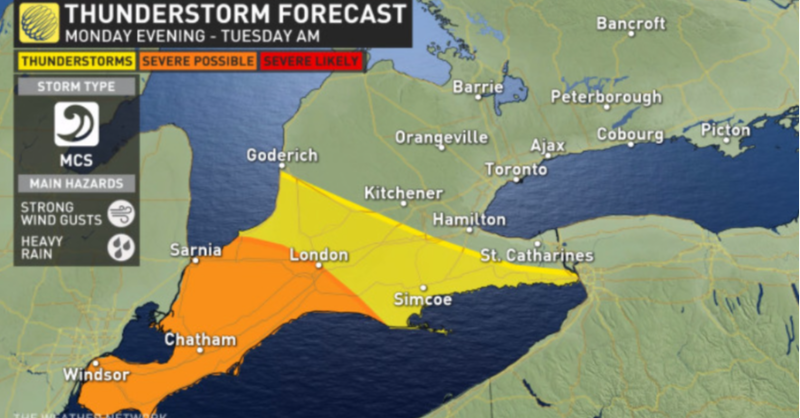 weathernetwork's tweet photo. A cluster of storms are expected to track towards extreme southwestern Ontario Monday night, bringing the risk of heavy downpours and intense lightning. #ONstorm #ONwx