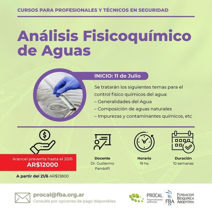 fbioquimicaarg's tweet photo. 📚Curso Virtual “Análisis Fisicoquímico de Aguas"
🗓: Inicia 11 de Julio
¡Inscripciones Abiertas!
Arancel Preventa: $12000 (hasta el 20/6)
A partir del 21/6: $13800
#cursosonline #procal #FBA https://t.co/n4aZwgITrm