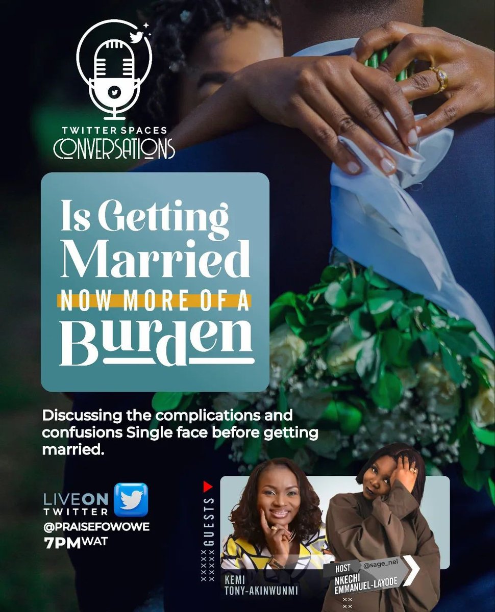 Kemitalkin's tweet photo. Posted @withregram • @iampraisefowowe Hello
Join our Twitter space conversation tonight.
We are discussing the topic "Is getting married now more of a burden?"

And our lovely host @sage_nel will be engaging our beautiful guest @kemitalkin
Time: 7 pm WAT
Don't miss this!
#marry https://t.co/KNnxJCVUQr