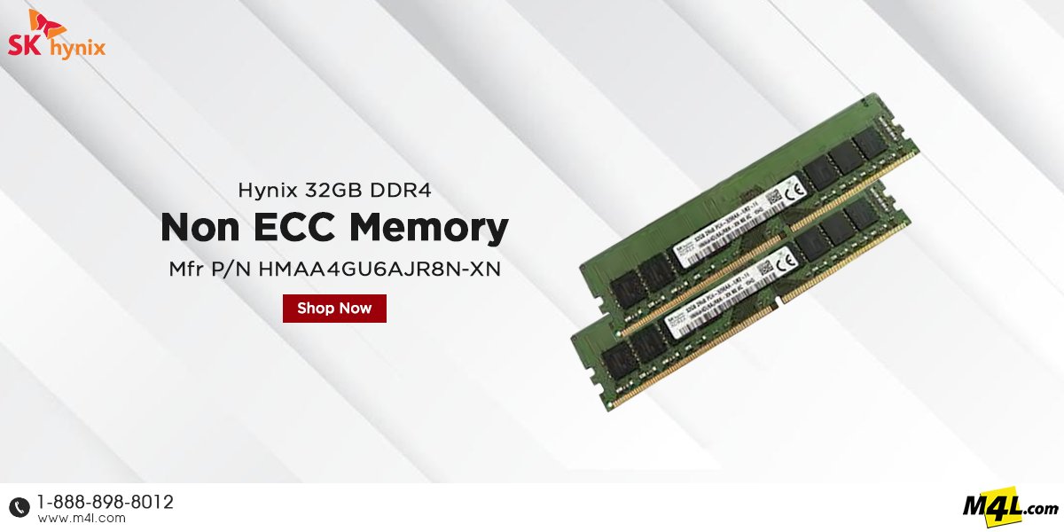 M4LOfficial's tweet image. Hynix 32GB DDR4 Non ECC 3200MHz Memory Mfr P/N HMAA4GU6AJR8N-XN

Order online visit: bit.ly/3xK82UV

GENERAL INFORMATION:
Brand: #Hynix
Part #: HMAA4GU6AJR8N-XN
Category: #DesktopMemory
Type: DDR4 
Capacity: 32GB
Speed: PC-25600
ECC: Non-ECC

#32GBMemory  #DDR4Memory
