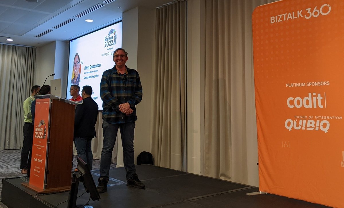 Next on stage at #integrate2022 is <a href="/egrootenboer/">Eldert Grootenboer</a> from #Microsoft talking about Service Bus!