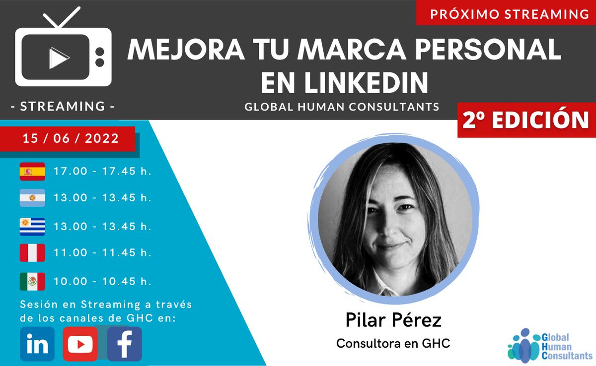 globalhumancon's tweet photo. 📺 ¡Próximo #streaming! Si estás en búsqueda activa de empleo, asistir a "Mejora tu marca personal en #LinkedIn" puede ayudarte a tener una mayor visibilidad entre las empresas 🏆

👉¿Quieres seguir esperando a que te llamen, o quieres pasar a la acción?
🔗https://t.co/teGrBZDC0J https://t.co/AUlC3gKiRx