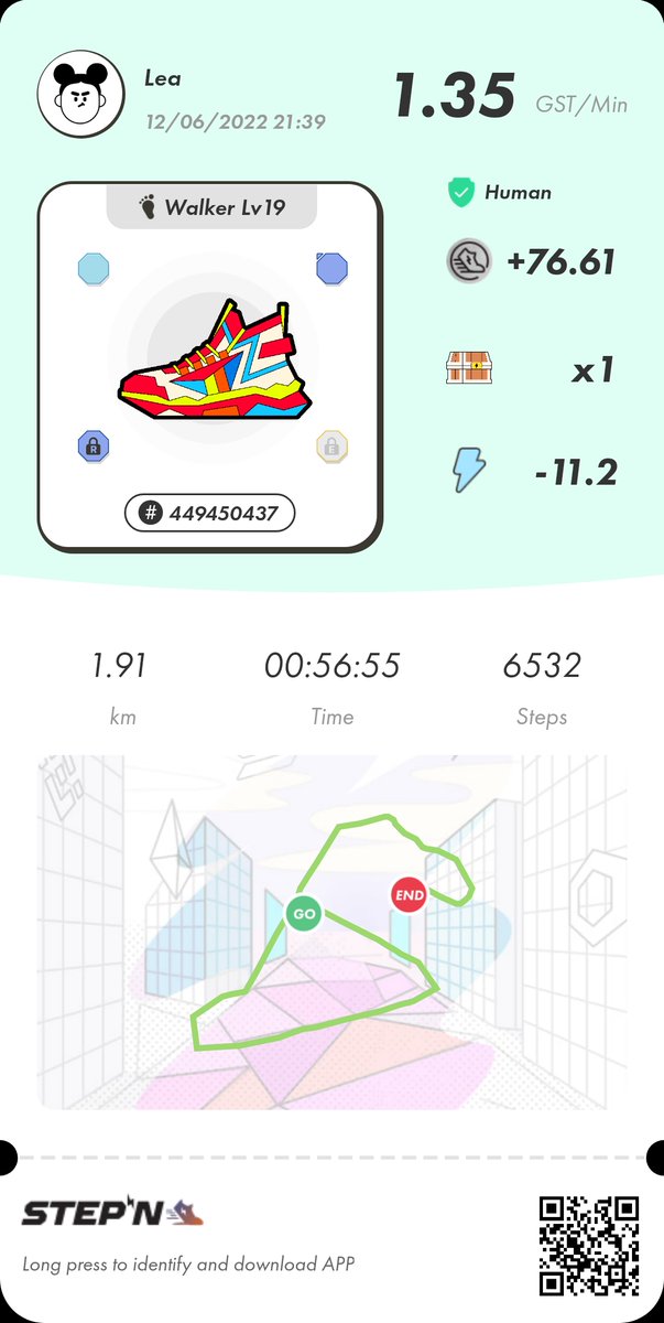 Lariata's tweet photo. @Barndog_Solana @Stepnofficial I like walking every day. Yesterday was my first 9E 125% walk and MB found. Can't wait to open it :) https://t.co/NWwjNgUPFV