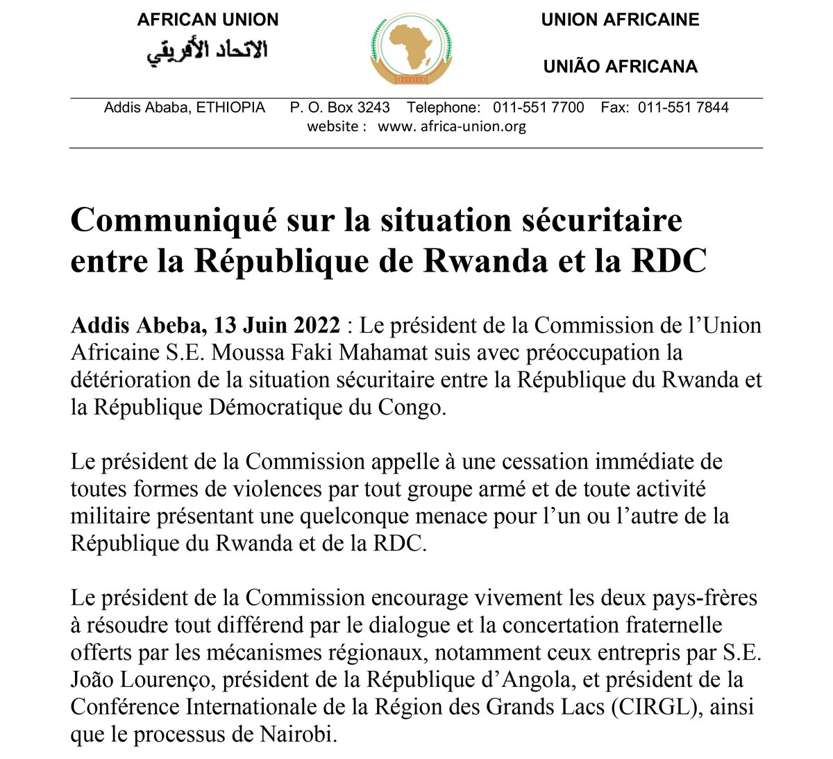 African Union (@_africanunion) on Twitter photo Le président de la Commission <a href="/AUC_MoussaFaki/">Moussa Faki Mahamat</a> suis avec préoccupation la détérioration de la situation sécuritaire entre le #Rwanda et la #RDC : au.int/fr/pressreleas… Le président de la Commission <a href="/AUC_MoussaFaki/">Moussa Faki Mahamat</a> suis avec préoccupation la détérioration de la situation sécuritaire entre le #Rwanda et la #RDC : au.int/fr/pressreleas…
