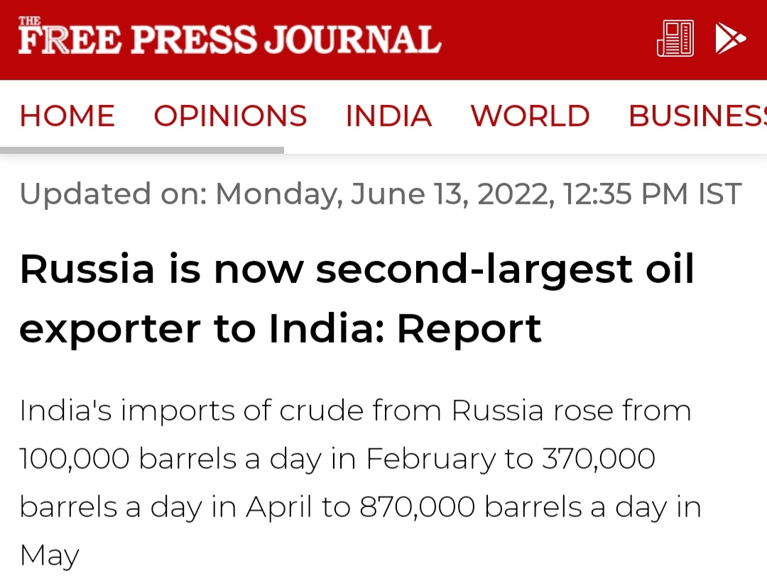HinduUnity108's tweet photo. Russia becomes India's second biggest supplier of oil pushing Saudi Arabia into third place.
Entire Middle East share declined. India is in talks with Russia to now double the oil imports at discounted price.
#Modi4PM2024
#Aatmanirbharbharat
#BoycottHalalProduct
#INDRUS 🇮🇳 🇷🇺 https://t.co/9BQUNUeaaA