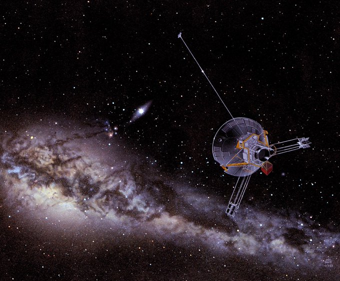 Artist rendering of Pioneer 10 exploring the universe, with stars pictured around it.