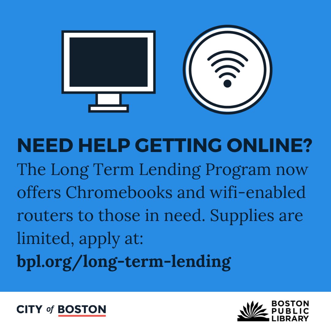 BPLBoston's tweet photo. Are you a Boston resident 18 years or older without access to reliable Internet and/or a tablet/computer? 

The BPL's Long Term Lending Program offers Chromebooks &amp; wifi-enabled routers to those in need. 

 Supplies are limited - apply online: https://t.co/RRkimIRtBM https://t.co/mXYCfJgFA3