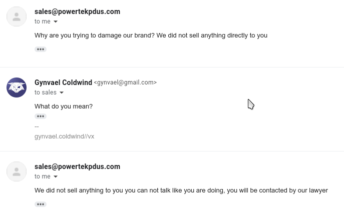 gynvael's tweet photo. Ah dealing with companies with poor security processes is always such a pleasure.
Here's Powertek threatening me with their lawyers for disclosing (patched) vulnerabilities in their PDUs:
https://t.co/me7y6O7T2n https://t.co/2YKuGavBym