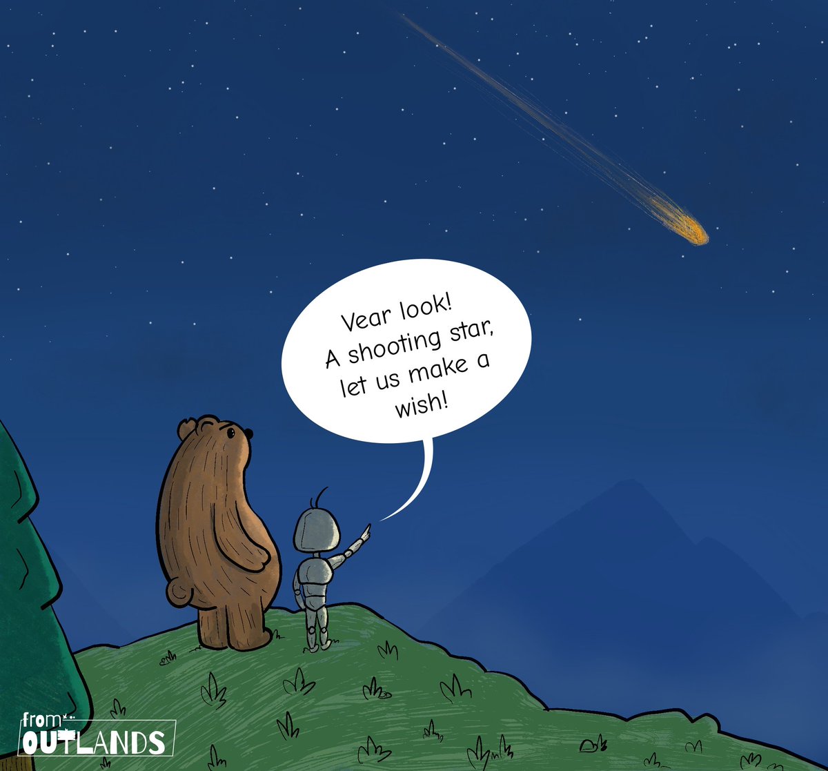 hawchro's tweet photo. People wish for a shooting star. But, does anyone know what a shooting star wishes for?

#comics #comicstrip #funnycomic #art #ArtistOnTwitter #Artist #quote #comic #fromoutlands https://t.co/yxlgiLbMFk
