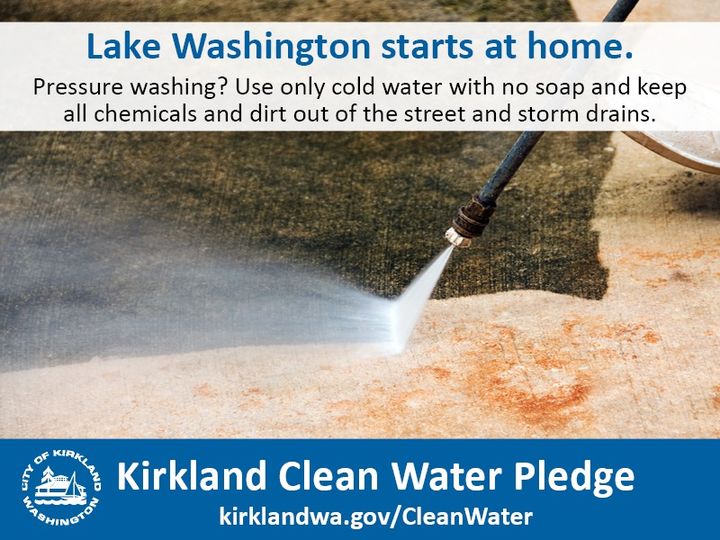 Soaps (even biodegradable soaps), chemicals, and heated water are all harmful to fish. 🐟🚫🧼
Are you pressure washing? Take the Kirkland Clean Water Pledge to use only cold water with no soap and keep all chemicals &amp; dirt out of the street &amp; storm drains 
Kirklandwa.gov/CleanWater