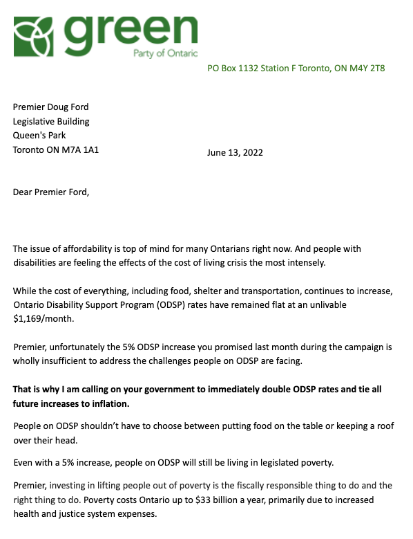 MikeSchreiner's tweet photo. Today, I sent Doug Ford an open letter calling on him to #DoubleODSP rates immediately. 

Current #ODSP rates are unlivable &amp; his govt's proposed 5% increase is far too low. It's time to start treating PWDs w/ the respect they deserve.

#ODSPoverty #onpoli https://t.co/6X0KOsJBTy