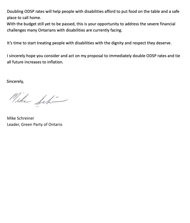 MikeSchreiner's tweet photo. Today, I sent Doug Ford an open letter calling on him to #DoubleODSP rates immediately. 

Current #ODSP rates are unlivable &amp; his govt's proposed 5% increase is far too low. It's time to start treating PWDs w/ the respect they deserve.

#ODSPoverty #onpoli https://t.co/6X0KOsJBTy