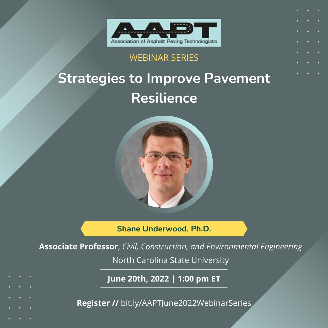 AsphaltTech's tweet image. #AAPT2022 webinar series is back on June 20, 2022 1:00 PM ET, focusing on &quot;Strategies to Improve Pavement Resilience&quot; this time with an excellent speaker lineup!

The webinar is free but registration is required via: lnkd.in/ejKZZfmM

#Resilience #Strategies #Knowledge