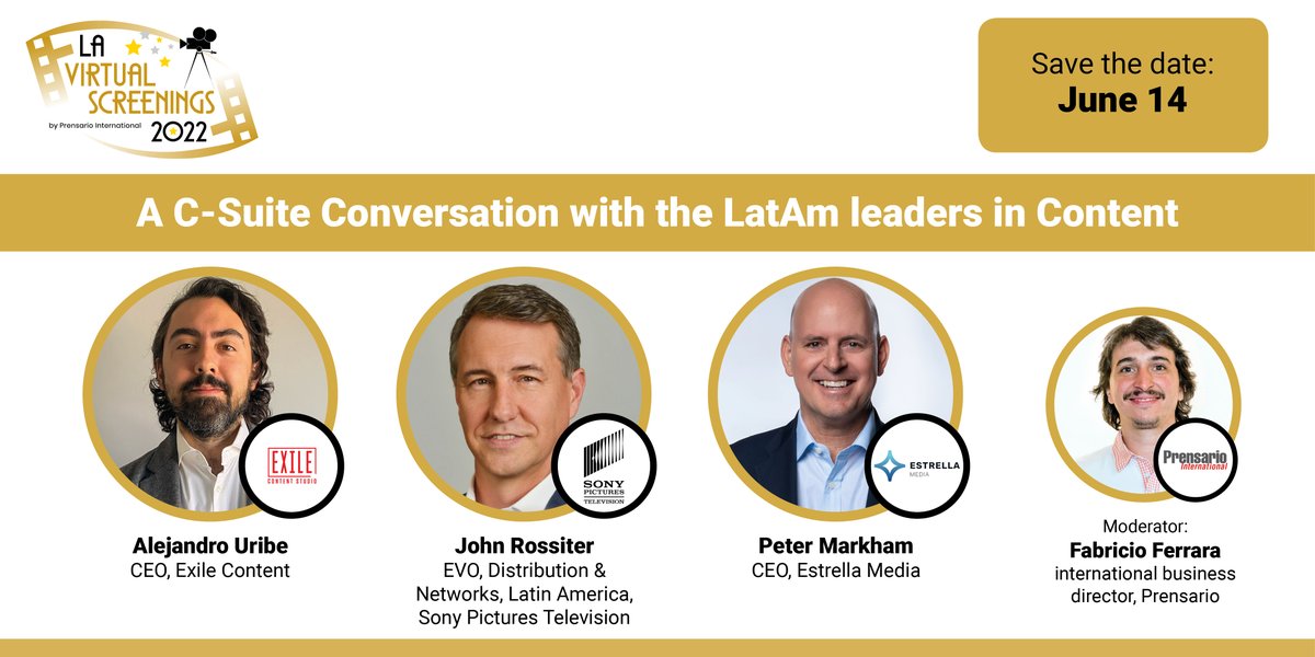 VScreenings's tweet photo. 🔜 #VSNext Save the date: TOMORROW!
👉'A C-Suite conversation with the Latam leaders in content' @ExileContent
@SPTV @estrellamedia_
📣Do not miss it!!!
✍️Free registration: https://t.co/x9mDHEchCc #LAVirtualScreenings https://t.co/wkvxzXzQLr
