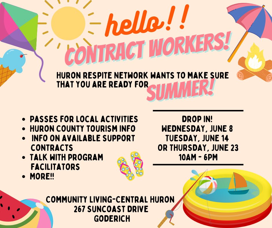 HuronRespite's tweet photo. If you missed us last week, drop in for your summer planning tools.  We've got passes to local attractions, local tourist info, &amp; summer survival kits.  View available contracts and touch base w/ program staff (CSFF, CPS &amp; HRN)  267 Suncoast Drive /Goderich 10am-6pm Tues June 14 https://t.co/c9sL99R8wz