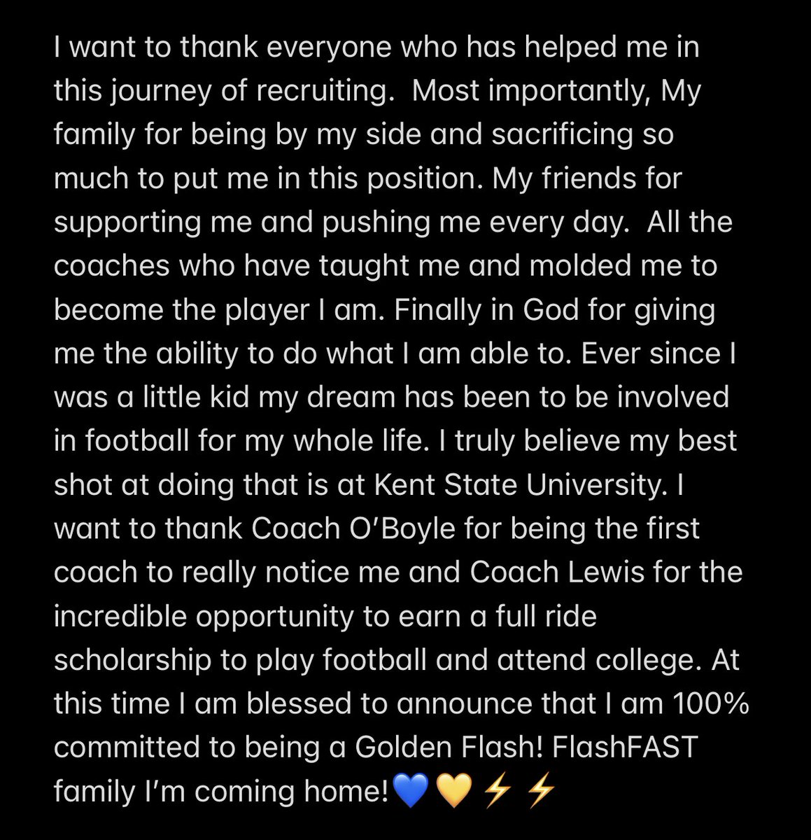 drewpage04's tweet photo. COMMITTED! Honored to say that I am 100% committed to Kent State University to attend school and play football for the next 4-5 years. LETS BE GREAT! #FlashFAST #A1PHA @NoblesvilleFB @KentStFootball @OB_GoldenFlash @TheHC_CoachLew https://t.co/rgNzXE87N6