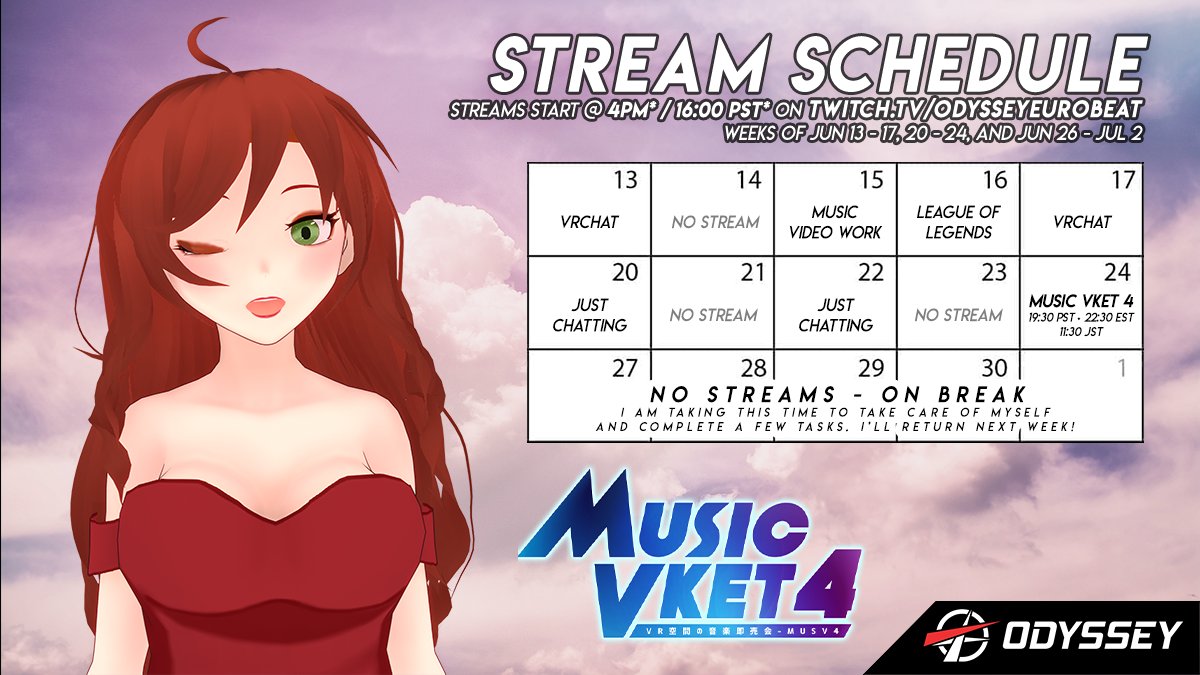 Here's this week's stream schedule! Today we'll take a crack at a remix of  the song featured in Sad Cat Dance! ttv/odysseyeurobeat at 4PM!