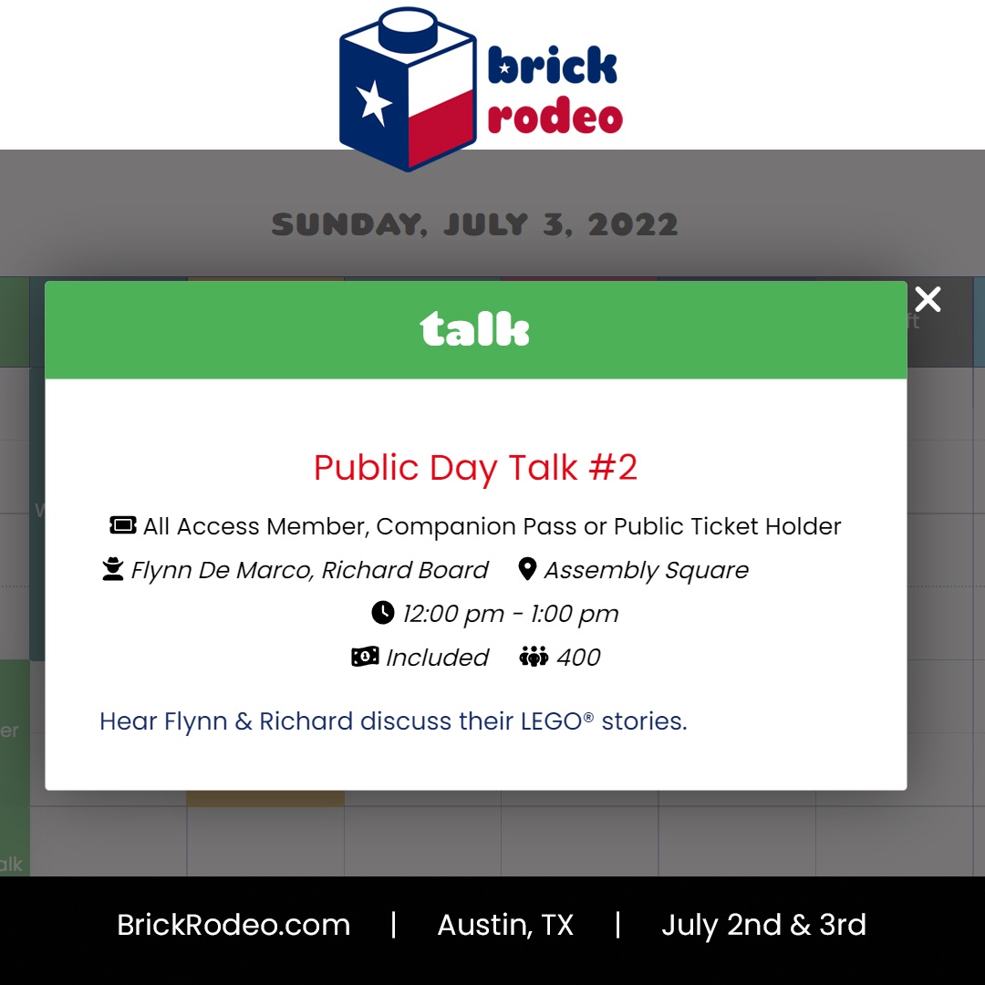 BrickRodeo's tweet photo. Open to all ticket types, Join Flynn &amp; Richard Sunday, July 3rd for their last Brick Rodeo talk. Don’t have tickets yet!? Get them at: https://t.co/ZXocroxx14

#brickrodeo #brickrodeo2022 #keynotespeakers #texlug #austin #texas #lego #trickybricks #legotalk #flynnandrichard https://t.co/9pwbxXAXby