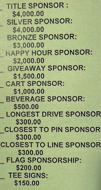Hey everybody It is getting close to the Golf 2022 CBCF outing. If you or anyone you know would like to have anyone of these incredible sponsorships reach out to us at ctburnsfoundation.org 
 We will be live streaming the event for maximum coverage for your sponsorship,8/29/22
